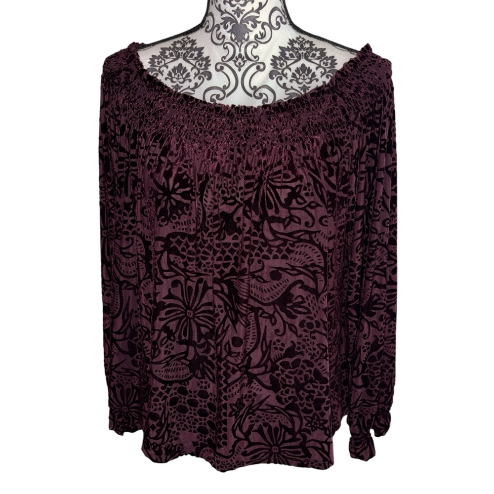 Free People Boho Smocked Blouse Burgundy Floral Velvet Peasant Top Large